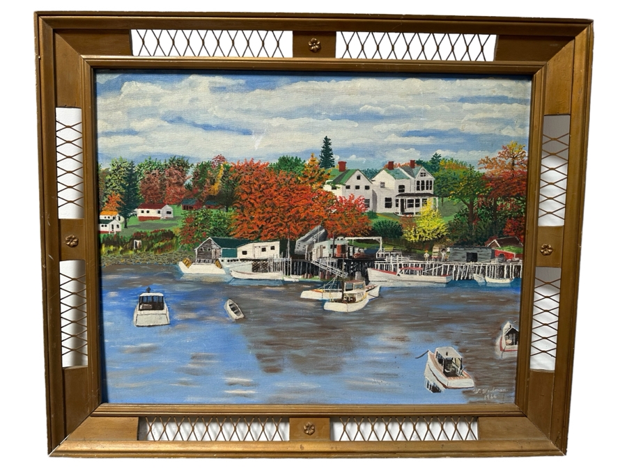 Original Folk Art Painting On Board Of East Coast Fishing Harbor By W. Weidman 1966 27.5' X 21.5' Framed 33.5' X 27.5' [Photo 1]