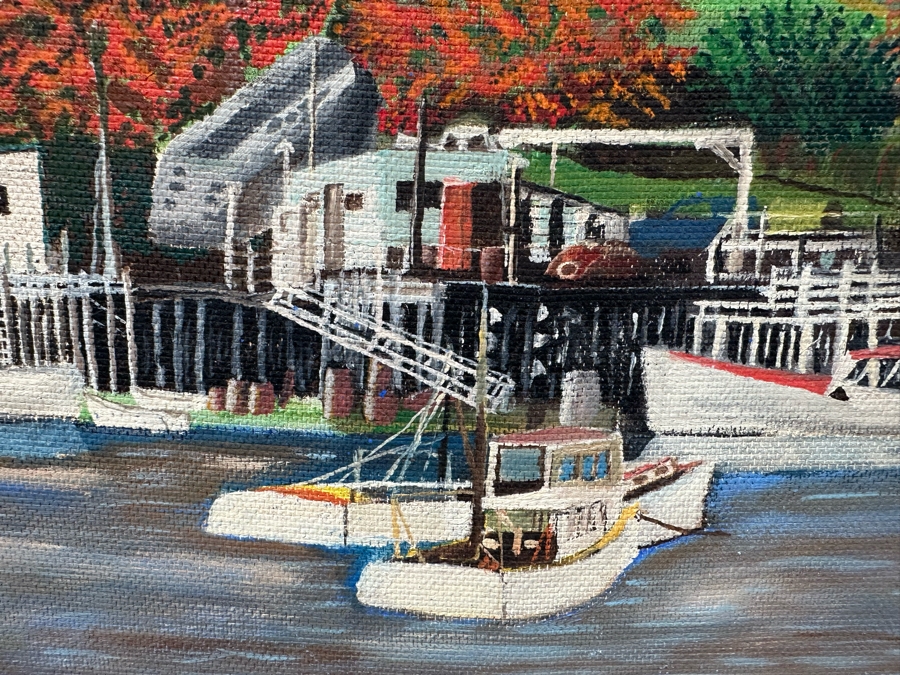 Original Folk Art Painting On Board Of East Coast Fishing Harbor By W. Weidman 1966 27.5' X 21.5' Framed 33.5' X 27.5' [Photo 4]
