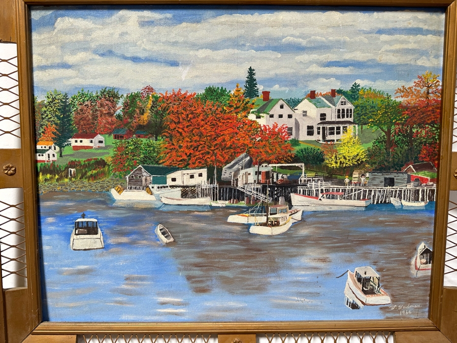 Original Folk Art Painting On Board Of East Coast Fishing Harbor By W. Weidman 1966 27.5' X 21.5' Framed 33.5' X 27.5' [Photo 3]