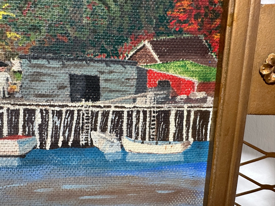 Original Folk Art Painting On Board Of East Coast Fishing Harbor By W. Weidman 1966 27.5' X 21.5' Framed 33.5' X 27.5' [Photo 7]
