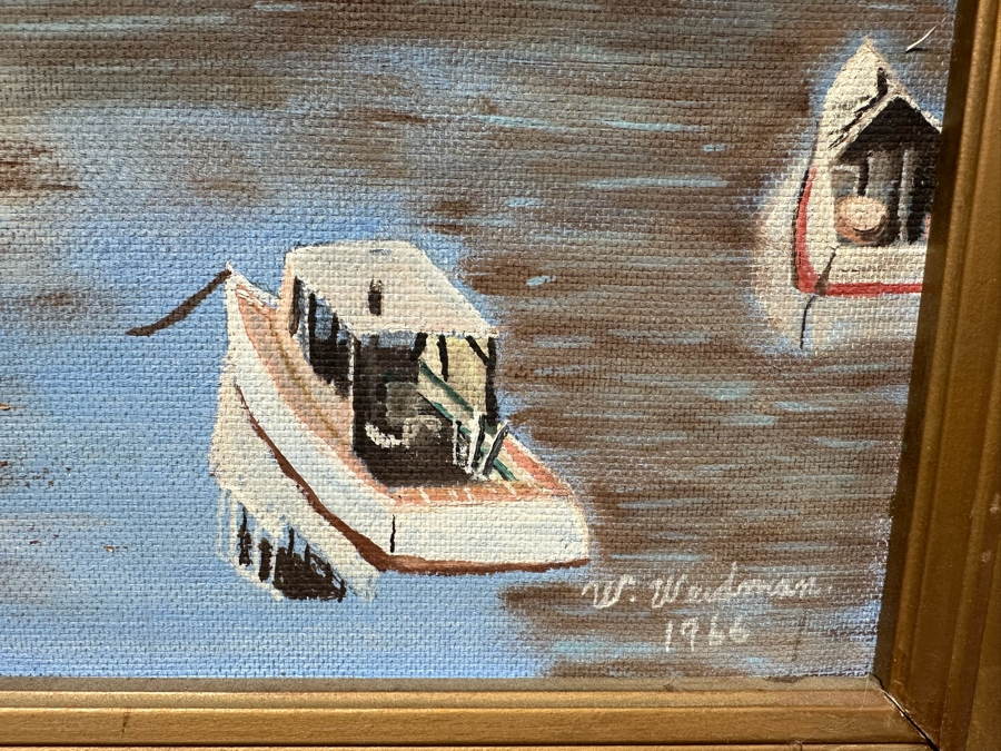 Original Folk Art Painting On Board Of East Coast Fishing Harbor By W. Weidman 1966 27.5' X 21.5' Framed 33.5' X 27.5' [Photo 8]