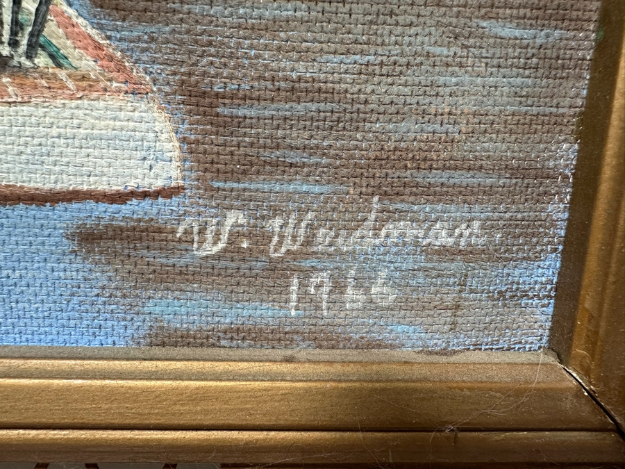 Original Folk Art Painting On Board Of East Coast Fishing Harbor By W. Weidman 1966 27.5' X 21.5' Framed 33.5' X 27.5' [Photo 10]