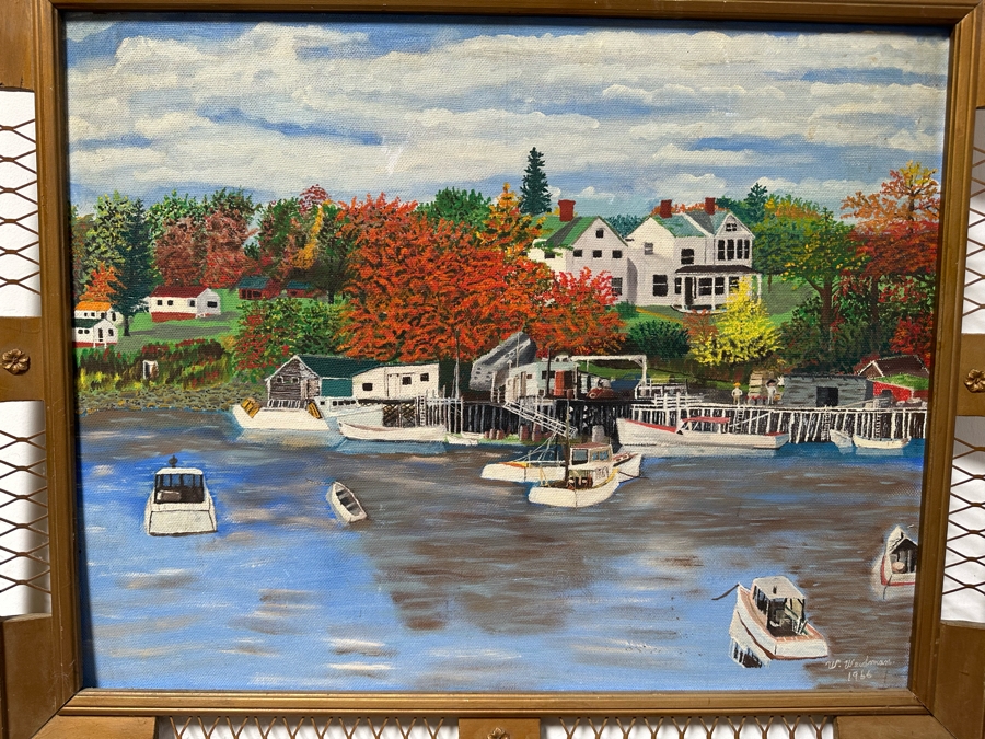 Original Folk Art Painting On Board Of East Coast Fishing Harbor By W. Weidman 1966 27.5' X 21.5' Framed 33.5' X 27.5' [Photo 2]