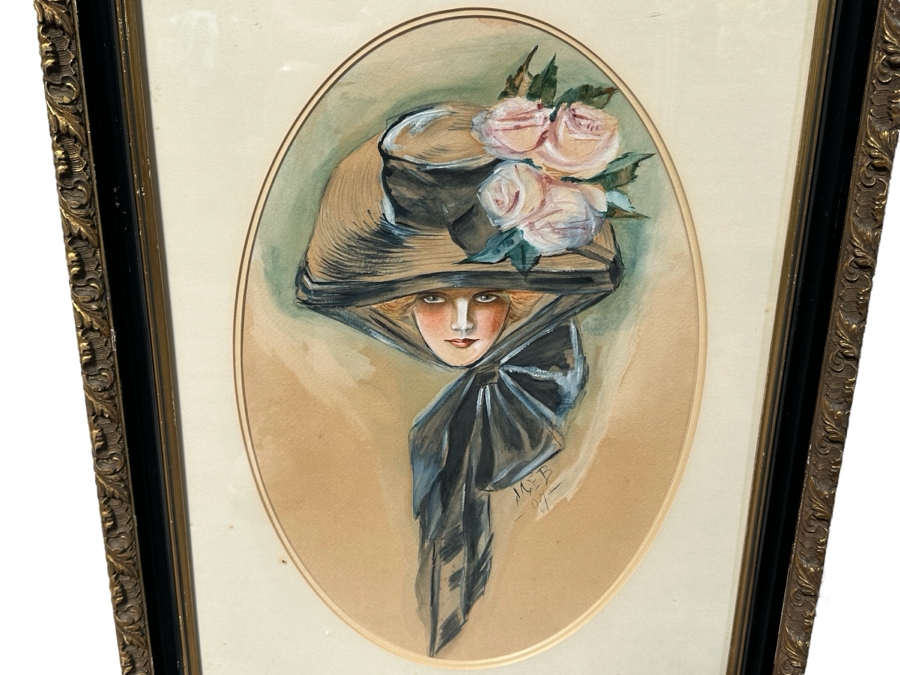 Original Victorian Lady Portrait Watercolor Drawing On Paper Signed M. E. B. 1904 13' X 20' Framed 20.5' X 27.5' [Photo 1]