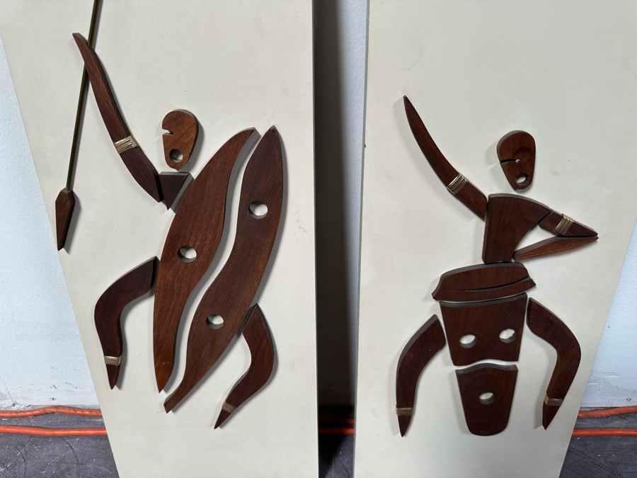 Pair Of Mid-Century Modern Tribal Sculptural Wood On Board Wall Artwork 9'W X 27'H [Photo 2]
