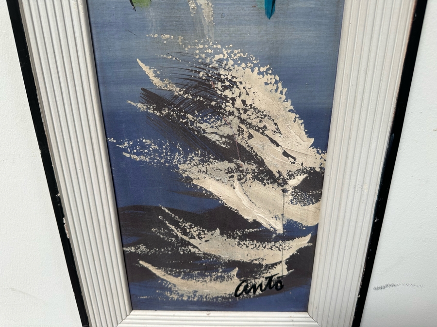 Original Mid-Century Modern Painting On Board Abstract Sailing Ships Signed Anto 9'W X 44'H Framed 13.5'W X 49'H [Photo 5]