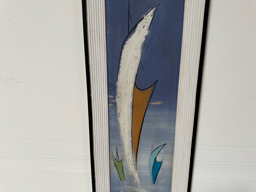 Original Mid-Century Modern Painting On Board Abstract Sailing Ships Signed Anto 9'W X 44'H Framed 13.5'W X 49'H [Photo 3]