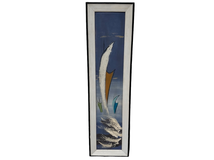 Original Mid-Century Modern Painting On Board Abstract Sailing Ships Signed Anto 9'W X 44'H Framed 13.5'W X 49'H [Photo 1]