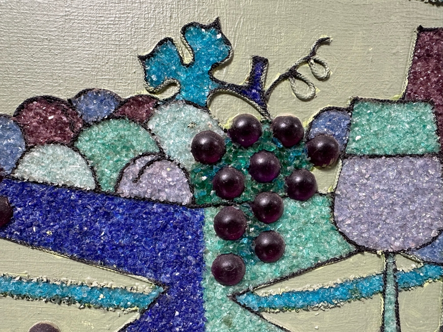 Vintage Mid-Century Modern Mixed-Media Gravel Artwork Still Life Painting With Fruit, Grapes & Wine 36'W X 12.5'H [Photo 4]