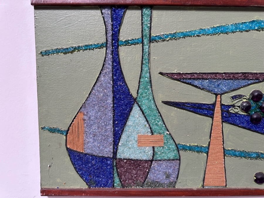 Vintage Mid-Century Modern Mixed-Media Gravel Artwork Still Life Painting With Fruit, Grapes & Wine 36'W X 12.5'H [Photo 6]