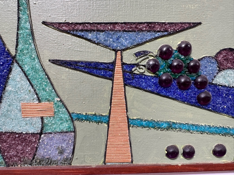 Vintage Mid-Century Modern Mixed-Media Gravel Artwork Still Life Painting With Fruit, Grapes & Wine 36'W X 12.5'H [Photo 5]
