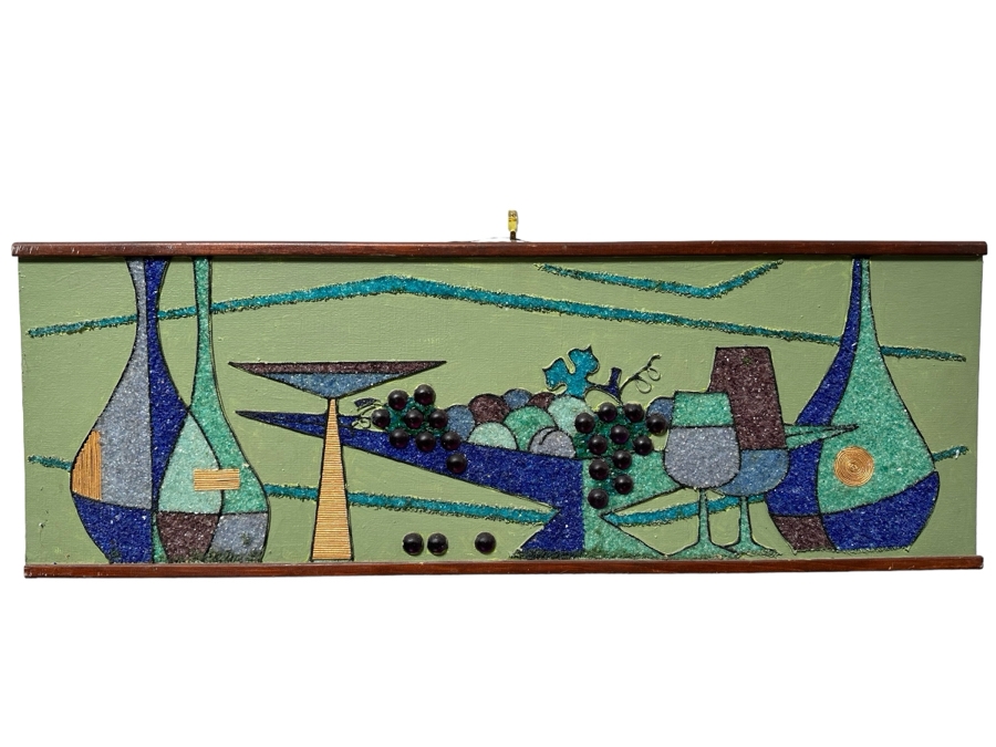 Vintage Mid-Century Modern Mixed-Media Gravel Artwork Still Life Painting With Fruit, Grapes & Wine 36'W X 12.5'H [Photo 1]