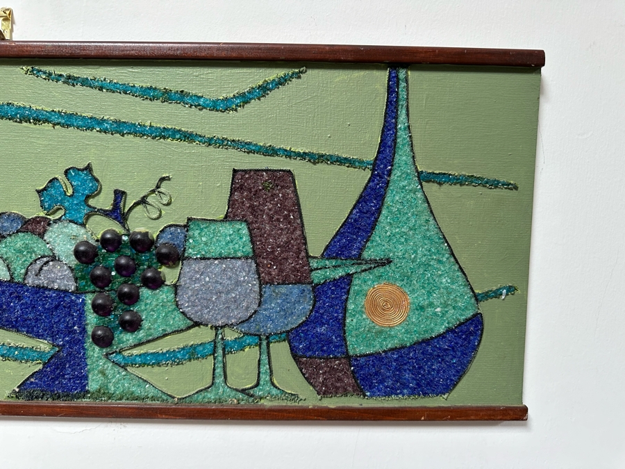 Vintage Mid-Century Modern Mixed-Media Gravel Artwork Still Life Painting With Fruit, Grapes & Wine 36'W X 12.5'H [Photo 2]