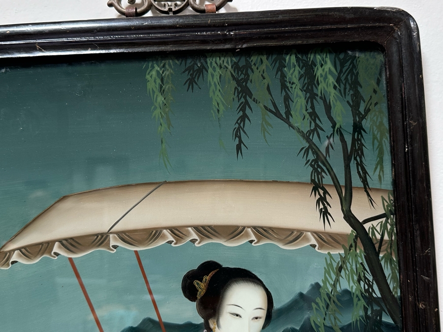 Vintage Original Chinese Reverse Painting On Glass Signed & Framed 13'W X 22'H [Photo 3]