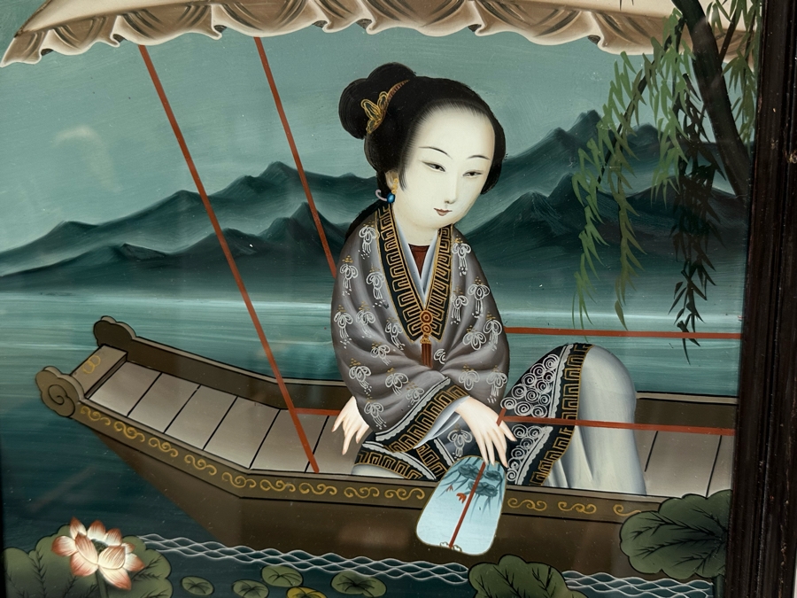 Vintage Original Chinese Reverse Painting On Glass Signed & Framed 13'W X 22'H [Photo 2]