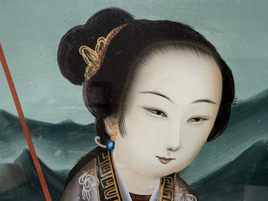 Vintage Original Chinese Reverse Painting On Glass Signed & Framed 13'W X 22'H [Photo 4]