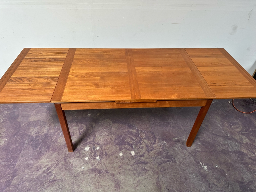 Vintage Danish AM Ansager Mobler Teak Dining Table With Two Built In Draw Leaves 53'W X 35.5'D X 29'H (Leaves Measure 19.5' Each) [Photo 12]