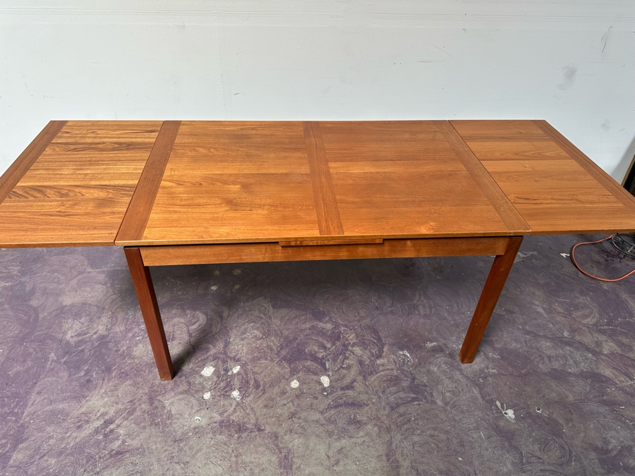 Vintage Danish AM Ansager Mobler Teak Dining Table With Two Built In Draw Leaves 53'W X 35.5'D X 29'H (Leaves Measure 19.5' Each) [Photo 11]