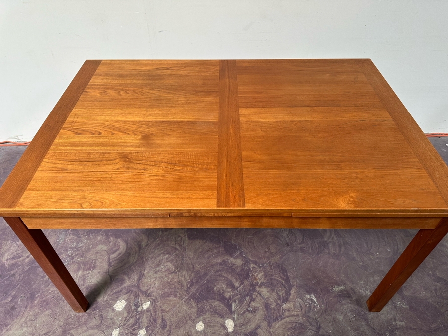 Vintage Danish AM Ansager Mobler Teak Dining Table With Two Built In Draw Leaves 53'W X 35.5'D X 29'H (Leaves Measure 19.5' Each) [Photo 5]
