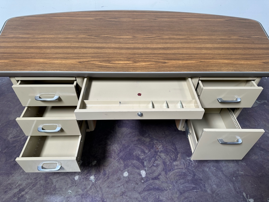 Rare Original 1960s Mid-Century Modern 'Fan Top' Curved Back Tanker Desk By All-Steel Equipment Inc In Great Condition 83'W X 39'D X 29.5'H [Photo 13]