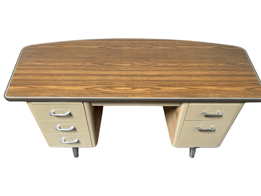 Rare Original 1960s Mid-Century Modern 'Fan Top' Curved Back Tanker Desk By All-Steel Equipment Inc In Great Condition 83'W X 39'D X 29.5'H [Photo 1]