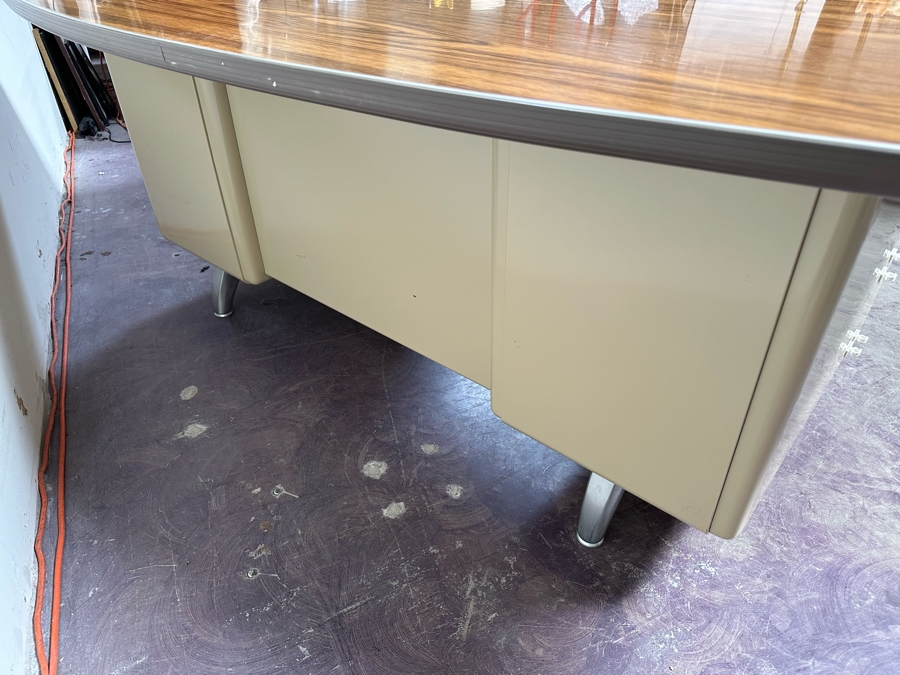 Rare Original 1960s Mid-Century Modern 'Fan Top' Curved Back Tanker Desk By All-Steel Equipment Inc In Great Condition 83'W X 39'D X 29.5'H [Photo 11]