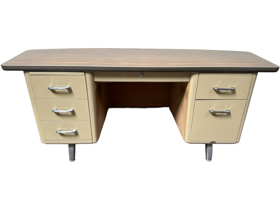 Rare Original 1960s Mid-Century Modern 'Fan Top' Curved Back Tanker Desk By All-Steel Equipment Inc In Great Condition 83'W X 39'D X 29.5'H [Photo 2]