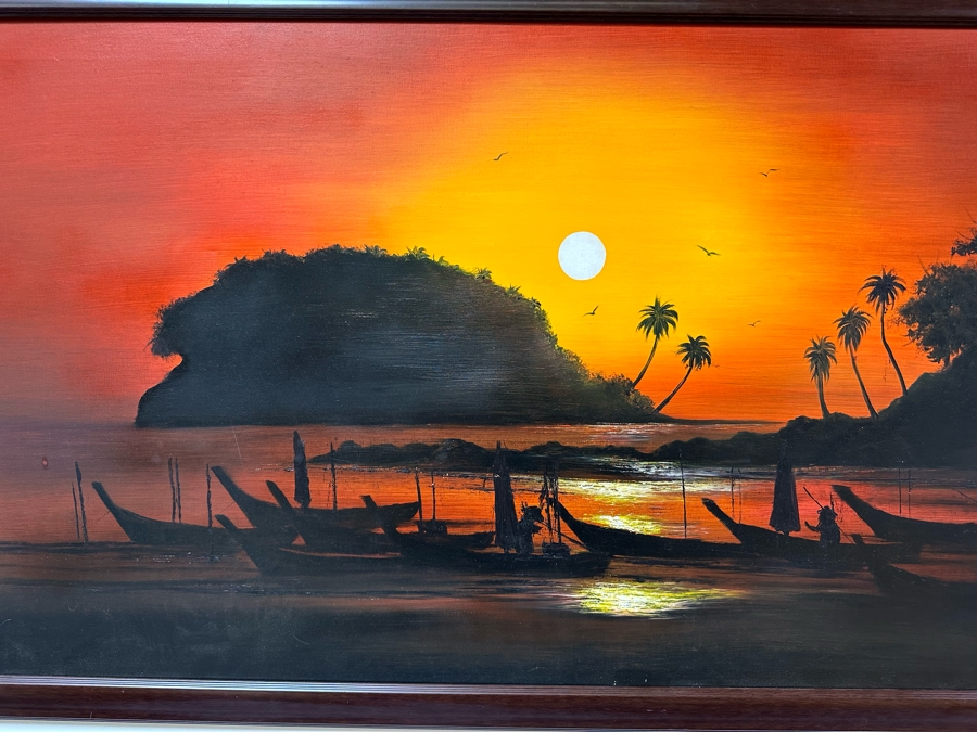 Original Vintage MCM Oil Painting On Canvas Titled Sunset Kata Beach Phuket, Thailand By Piak Framed 52'W X 29'H [Photo 2]