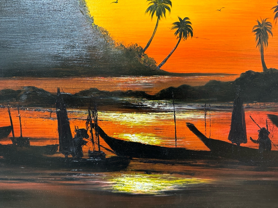 Original Vintage MCM Oil Painting On Canvas Titled Sunset Kata Beach Phuket, Thailand By Piak Framed 52'W X 29'H [Photo 4]