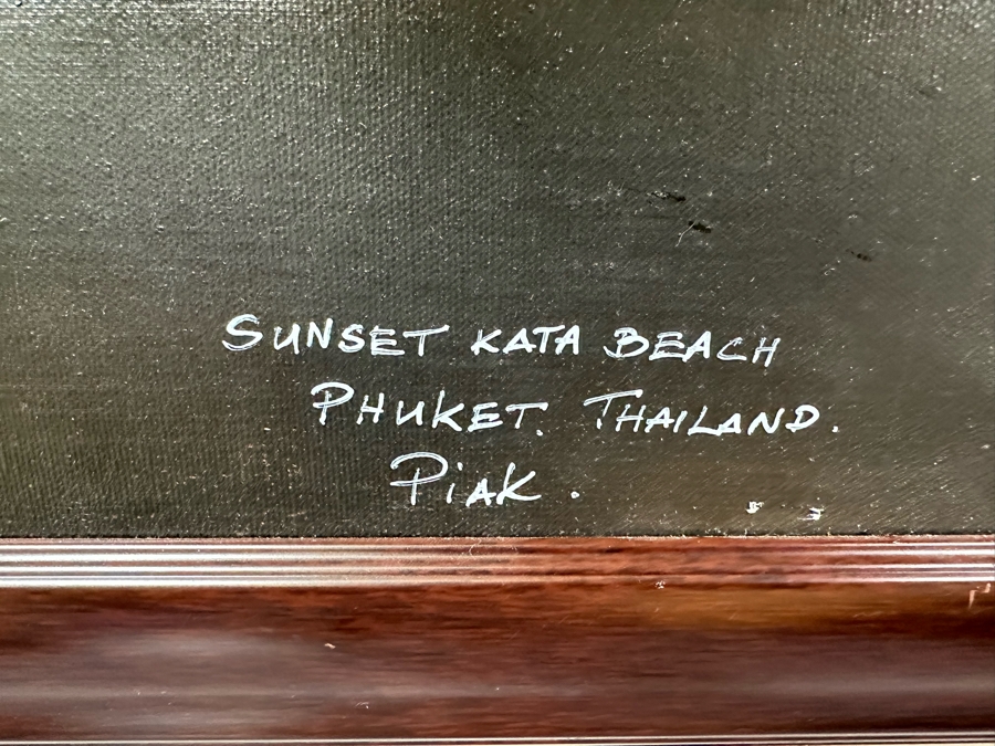 Original Vintage MCM Oil Painting On Canvas Titled Sunset Kata Beach Phuket, Thailand By Piak Framed 52'W X 29'H [Photo 5]
