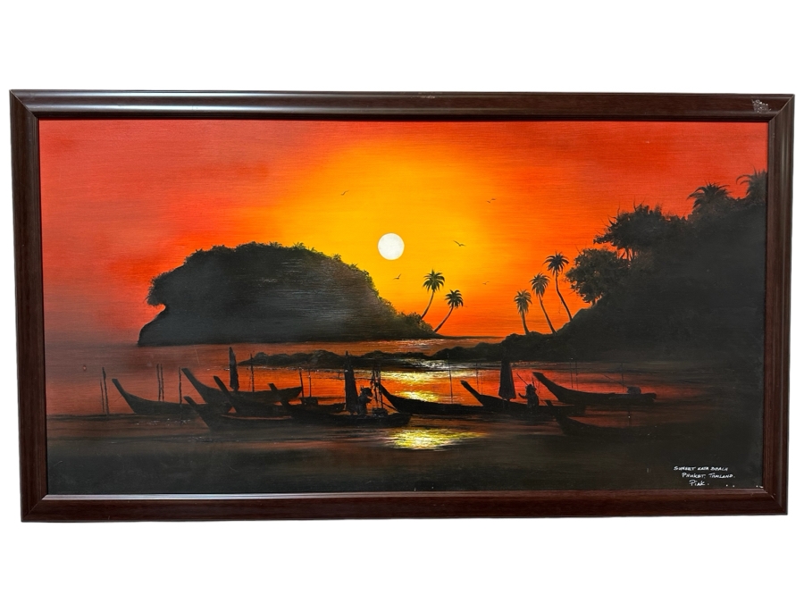 Original Vintage MCM Oil Painting On Canvas Titled Sunset Kata Beach Phuket, Thailand By Piak Framed 52'W X 29'H [Photo 1]