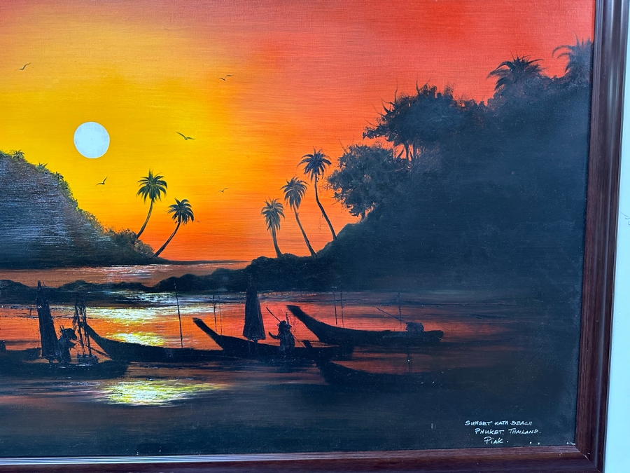 Original Vintage MCM Oil Painting On Canvas Titled Sunset Kata Beach Phuket, Thailand By Piak Framed 52'W X 29'H [Photo 3]
