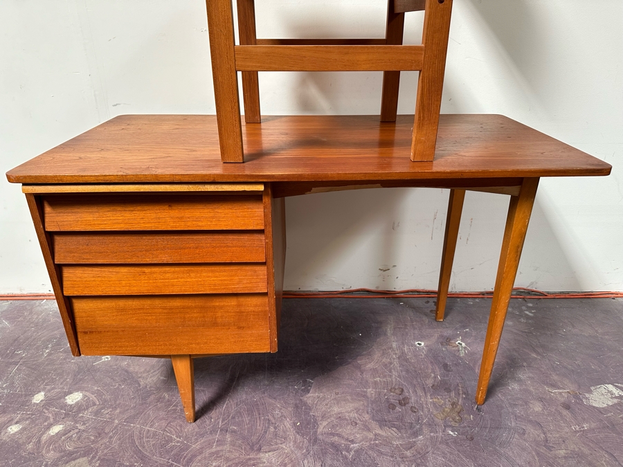 Teak Veneered Desk With Teak Chair (Top Right Of Desk Needs To Be Screwed To Base) 48”W X 25”D X 29”H [Photo 4]