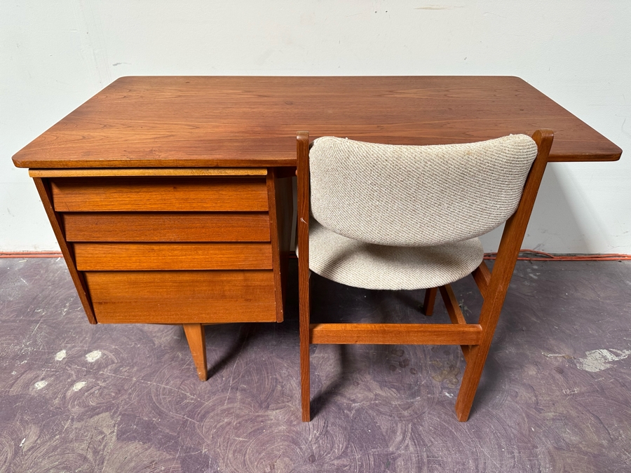 Teak Veneered Desk With Teak Chair (Top Right Of Desk Needs To Be Screwed To Base) 48”W X 25”D X 29”H [Photo 2]