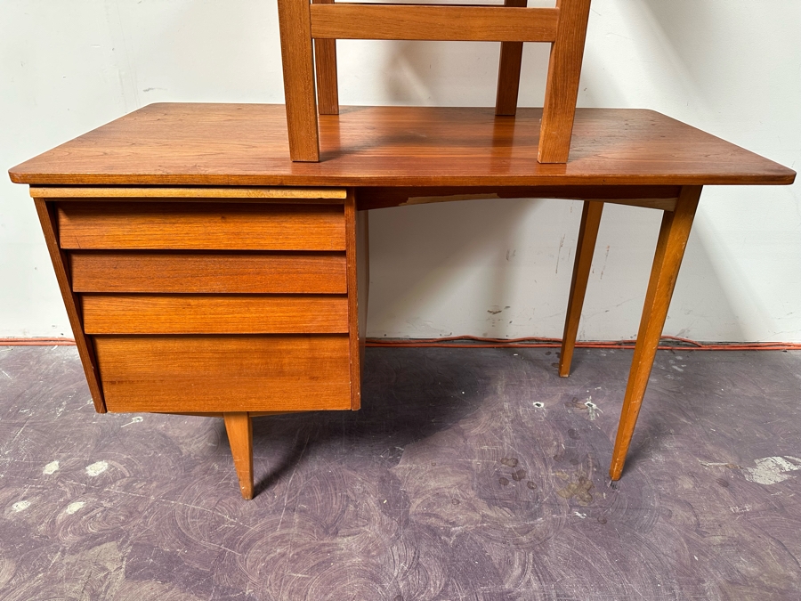Teak Veneered Desk With Teak Chair (Top Right Of Desk Needs To Be Screwed To Base) 48”W X 25”D X 29”H [Photo 6]