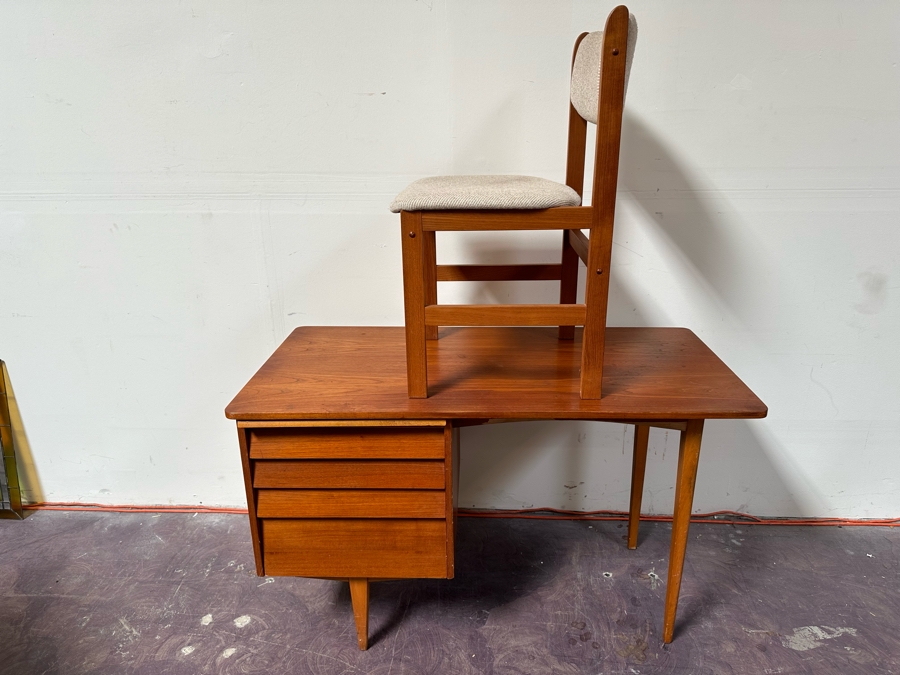 Teak Veneered Desk With Teak Chair (Top Right Of Desk Needs To Be Screwed To Base) 48”W X 25”D X 29”H [Photo 3]