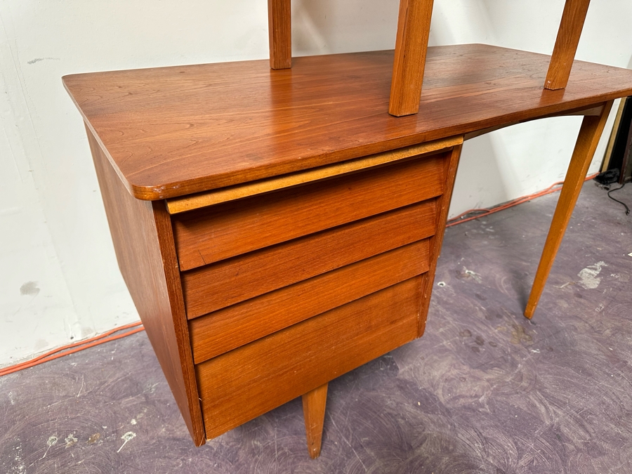 Teak Veneered Desk With Teak Chair (Top Right Of Desk Needs To Be Screwed To Base) 48”W X 25”D X 29”H [Photo 13]