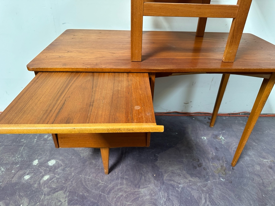 Teak Veneered Desk With Teak Chair (Top Right Of Desk Needs To Be Screwed To Base) 48”W X 25”D X 29”H [Photo 10]