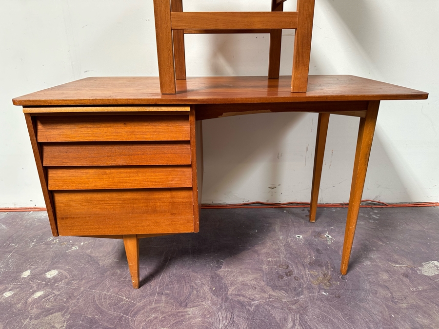Teak Veneered Desk With Teak Chair (Top Right Of Desk Needs To Be Screwed To Base) 48”W X 25”D X 29”H [Photo 5]