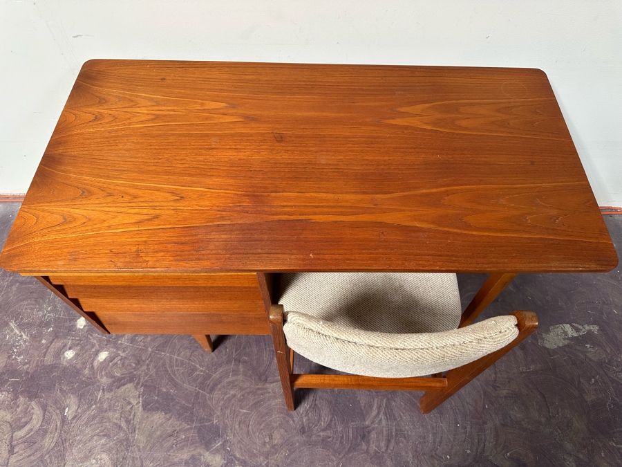 Teak Veneered Desk With Teak Chair (Top Right Of Desk Needs To Be Screwed To Base) 48”W X 25”D X 29”H [Photo 14]