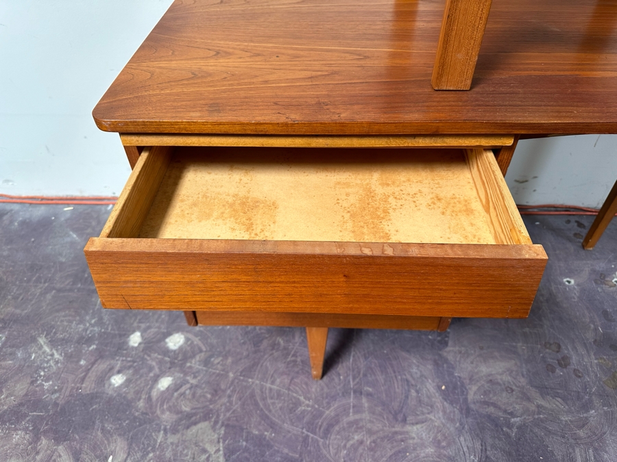Teak Veneered Desk With Teak Chair (Top Right Of Desk Needs To Be Screwed To Base) 48”W X 25”D X 29”H [Photo 11]
