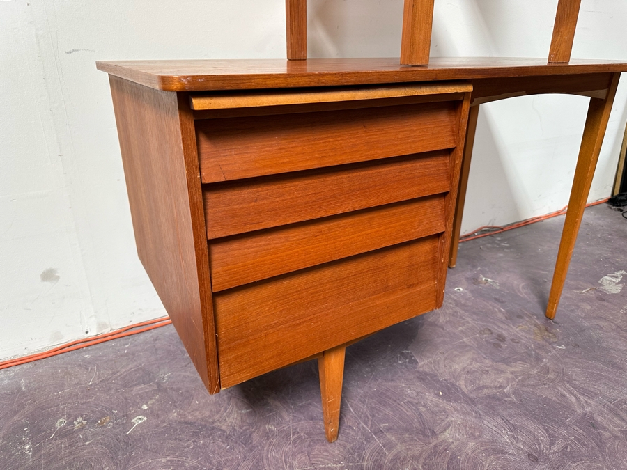 Teak Veneered Desk With Teak Chair (Top Right Of Desk Needs To Be Screwed To Base) 48”W X 25”D X 29”H [Photo 12]