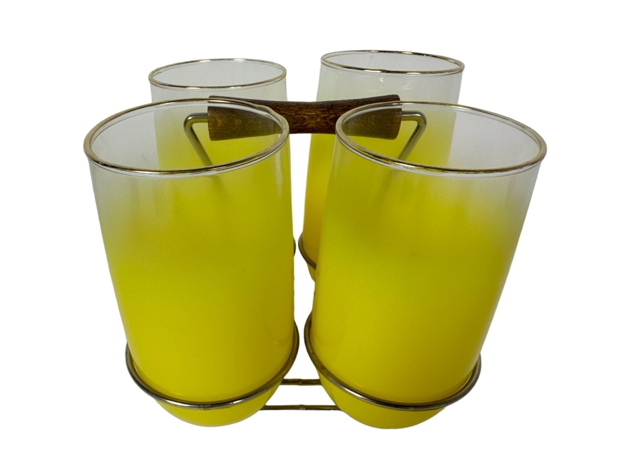Set Of Four Mid-Century Barware Glasses With Metal Caddy 5.5'H