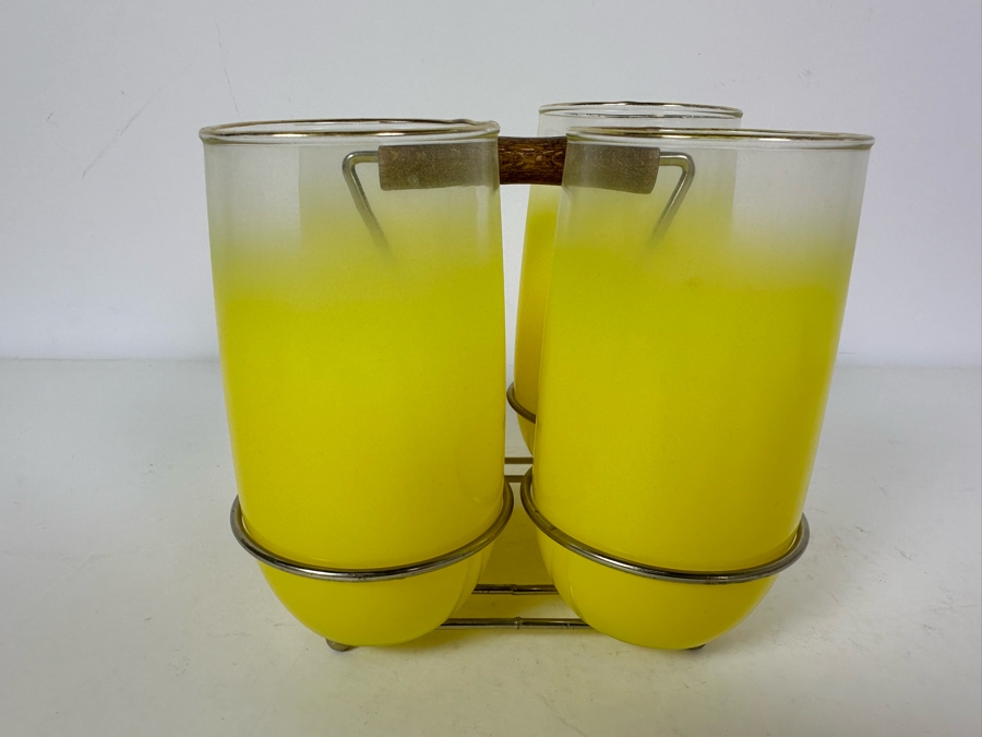 Set Of Four Mid-Century Barware Glasses With Metal Caddy 5.5'H [Photo 2]