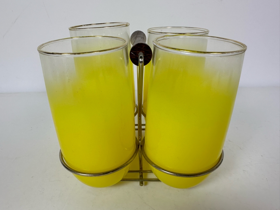 Set Of Four Mid-Century Barware Glasses With Metal Caddy 5.5'H [Photo 3]