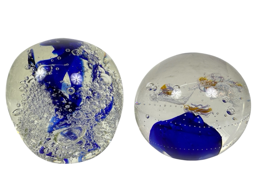 Pair Of Signed Art Glass Paperweights 3'H