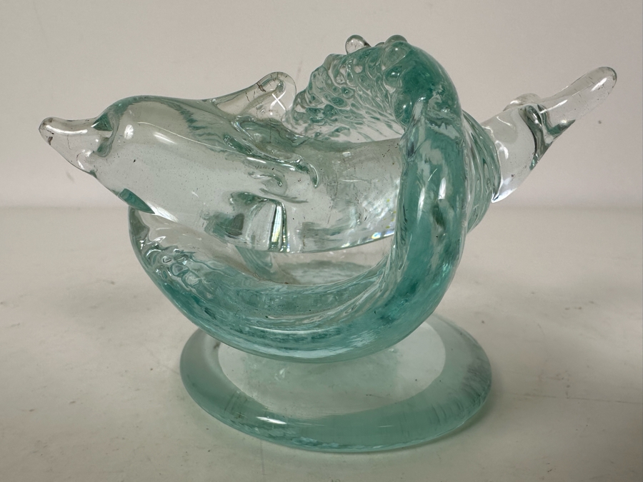 Vintage Signed Chris Funk Pheonix Studios Art Glass Dolphin Riding Wave Figurine 5.5'W X 5.5'D X 3.5'H [Photo 6]