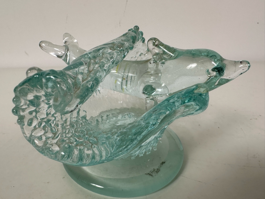 Vintage Signed Chris Funk Pheonix Studios Art Glass Dolphin Riding Wave Figurine 5.5'W X 5.5'D X 3.5'H [Photo 5]