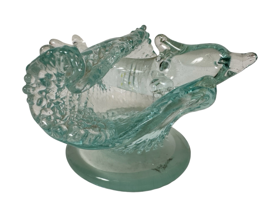 Vintage Signed Chris Funk Pheonix Studios Art Glass Dolphin Riding Wave Figurine 5.5'W X 5.5'D X 3.5'H [Photo 1]