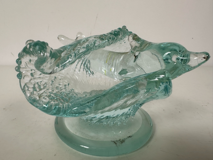 Vintage Signed Chris Funk Pheonix Studios Art Glass Dolphin Riding Wave Figurine 5.5'W X 5.5'D X 3.5'H [Photo 3]